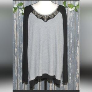 Maurices Black & White Long Sleeve Embroidered Neck Top 19 inches p2p